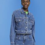 Women Esprit Blue Dark Wash Cropped denim jacket with frayed trim Jackets XF4444311