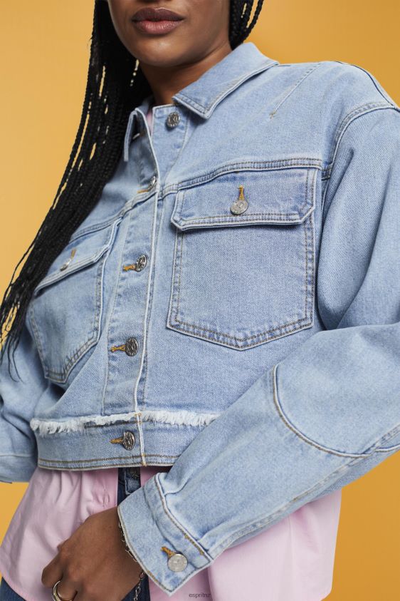Women Esprit Blue Light Wash Cropped denim jacket with frayed trim Jackets XF4444312 - Image 3