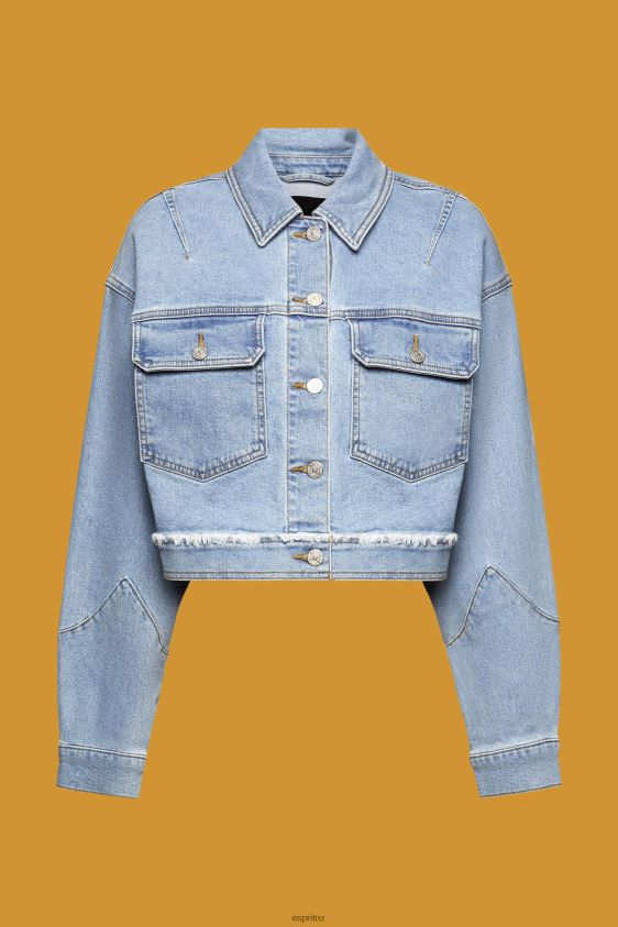 Women Esprit Blue Light Wash Cropped denim jacket with frayed trim Jackets XF4444312 - Image 5