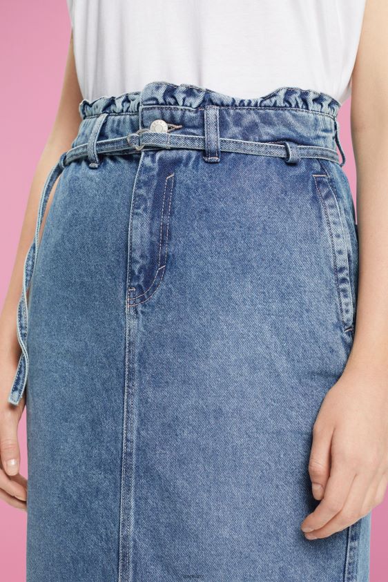 Women Esprit Blue Light Wash Denim skirt with paperbag waistband Skirts XF4444430 - Image 3
