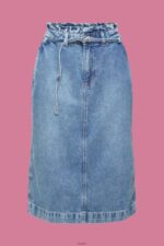 Women Esprit Blue Light Wash Denim skirt with paperbag waistband Skirts XF4444430 - Image 5