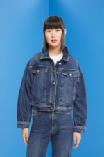 Women Esprit Blue Medium Wash Cropped denim jacket Jackets XF4444550