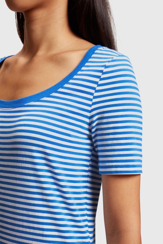 Women Esprit Bright Blue Stretch cotton stripe t-shirt T-Shirts XF4444536 - Image 2