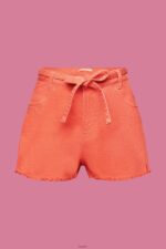 Women Esprit Coral Orange High Rise Tie Waist Denim Shorts Shorts XF444458 - Image 5
