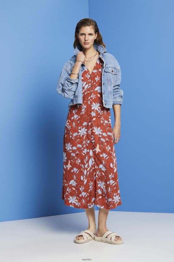 Women Esprit Coral Orange Midi dress with all-over pattern Dresses XF4444188 - Image 2