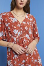 Women Esprit Coral Orange Midi dress with all-over pattern Dresses XF4444188 - Image 3