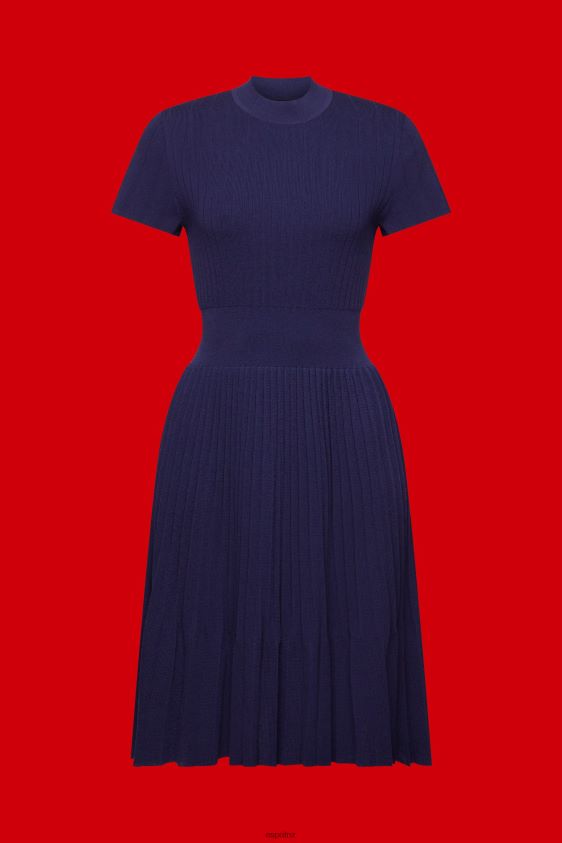 Women Esprit Dark Blue Mockneck pleated midi dress with short-sleeves Dresses XF4444122 - Image 5