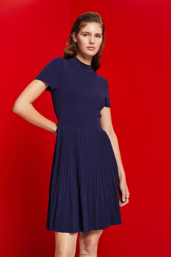 Women Esprit Dark Blue Mockneck pleated midi dress with short-sleeves Dresses XF4444122 - Image 1