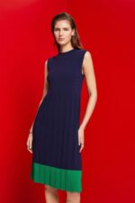 Women Esprit Dark Blue Pleated and sleeveless maxi dress with crewneck Dresses XF4444123