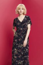 Women Esprit Dark Blue Printed midi dress with a tie belt Dresses XF4444189
