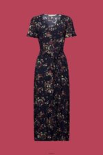 Women Esprit Dark Blue Printed midi dress with a tie belt Dresses XF4444189 - Image 5