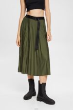 Women Esprit Dark Khaki Pleated skirt with belt Skirts XF4444435