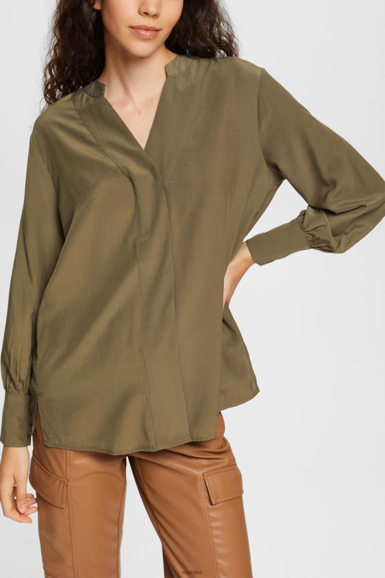Women Esprit Dark Khaki V-neck blouse, LENZING ECOVERO Blouses XF4444555 - Image 1