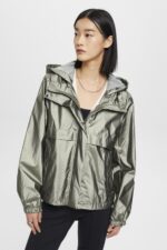 Women Esprit Dark Teal Green Metallic sheen jacket with a hood Jackets XF4444267