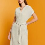 Women Esprit Dusty Green Crinkled midi dress with belt Dresses XF444453