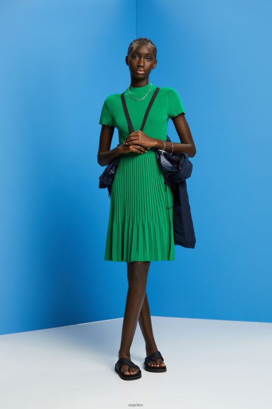 Women Esprit Emerald Green Mockneck pleated midi dress with short-sleeves Dresses XF4444121 - Image 2