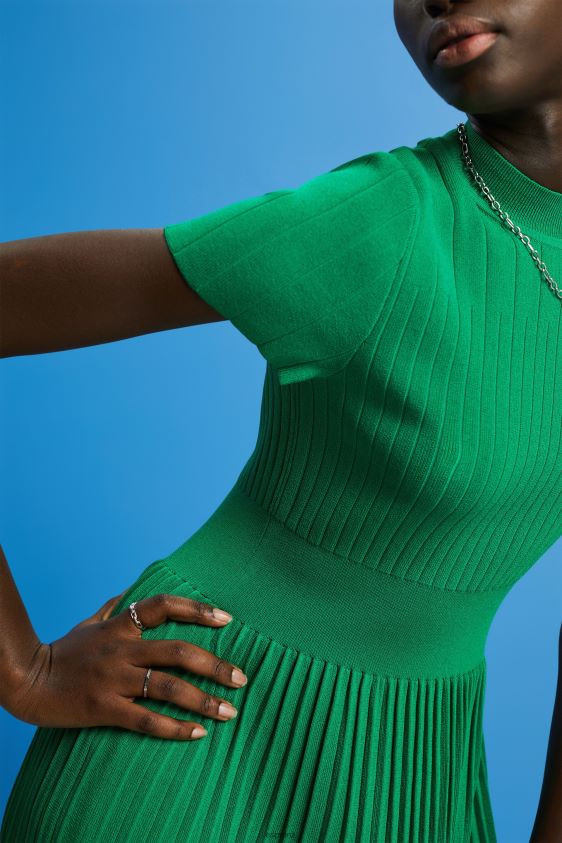 Women Esprit Emerald Green Mockneck pleated midi dress with short-sleeves Dresses XF4444121 - Image 3
