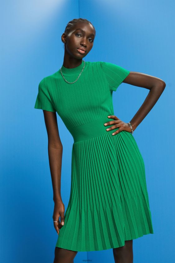 Women Esprit Emerald Green Mockneck pleated midi dress with short-sleeves Dresses XF4444121 - Image 1