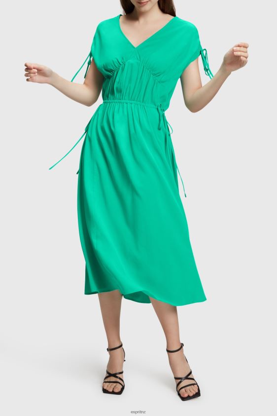 Women Esprit Green RAYON SILK RUCHED V NECK DRESS Dresses XF4444453 - Image 1