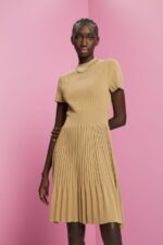 Women Esprit Khaki Beige Mockneck pleated midi dress with short-sleeves Dresses XF4444119
