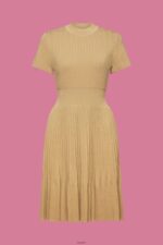 Women Esprit Khaki Beige Mockneck pleated midi dress with short-sleeves Dresses XF4444119 - Image 5