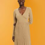 Women Esprit Khaki Beige Pleated wrap dress with long-sleeves Dresses XF4444126