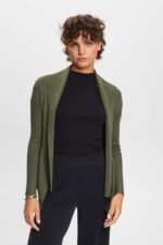 Women Esprit Khaki Green Recycled: ribbed cardigan with handkerchief hem Sweaters XF444424