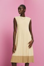 Women Esprit Light Beige Pleated and sleeveless maxi dress with crewneck Dresses XF4444125