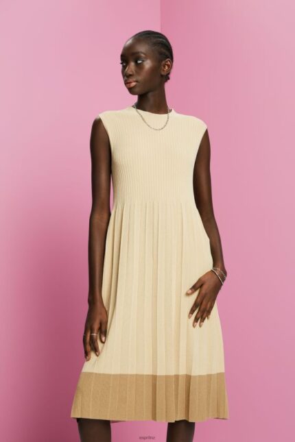 Women Esprit Light Beige Pleated and sleeveless maxi dress with crewneck Dresses XF4444125