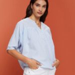 Women Esprit Light Blue Textured short-sleeve blouse Blouses XF4444118