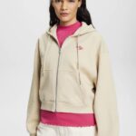 Women Esprit Light Taupe Cropped zip hoodie with logo print on the back Sweatshirts & Hoodies XF4444163
