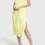 Women Esprit Lime Yellow RAYON SILK Tank Dress Dresses XF4444452