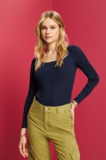 Women Esprit Navy Ribbed long sleeve top Long Sleeve XF444490