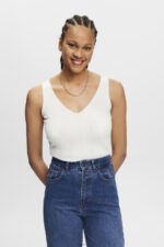 Women Esprit Off White Knitted V-neck top with linen Sweaters XF4444305