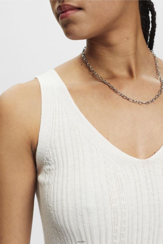 Women Esprit Off White Knitted V-neck top with linen Sweaters XF4444305 - Image 3