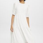 Women Esprit Off White Lightweight midi dress with balloon sleeves Dresses XF4444294