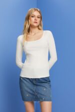 Women Esprit Off White Ribbed long sleeve top Long Sleeve XF444489