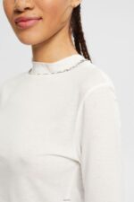 Women Esprit Off White With TENCEL: T-shirt with band collar T-Shirts XF4444562 - Image 3