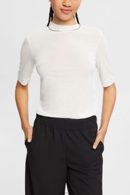 Women Esprit Off White With TENCEL: T-shirt with band collar T-Shirts XF4444562