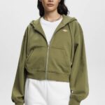Women Esprit Olive Cropped zip hoodie with logo print on the back Sweatshirts & Hoodies XF4444164