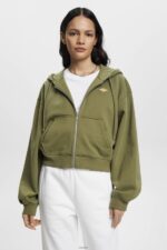 Women Esprit Olive Cropped zip hoodie with logo print on the back Sweatshirts & Hoodies XF4444164