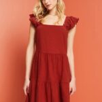 Women Esprit Terracotta Jersey dress with embroidered lace sleeves Dresses XF444460