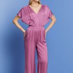 Women Esprit Violet Satin jumpsuit with a tie belt, LENZING ECOVERO Suit XF4444135