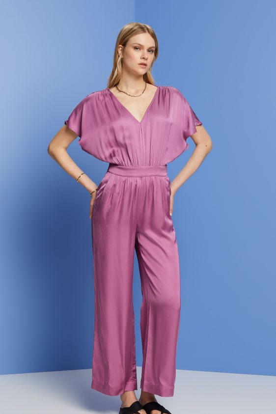 Women Esprit Violet Satin jumpsuit with a tie belt, LENZING ECOVERO Suit XF4444135 - Image 1