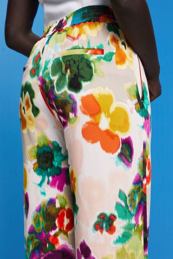 Women Esprit White Floral Print Wide Leg Pants Trousers & Pants XF4444131 - Image 3