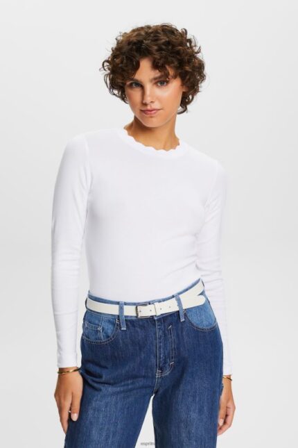 Women Esprit White Long sleeve top with a scalloped neck Long Sleeve XF444432